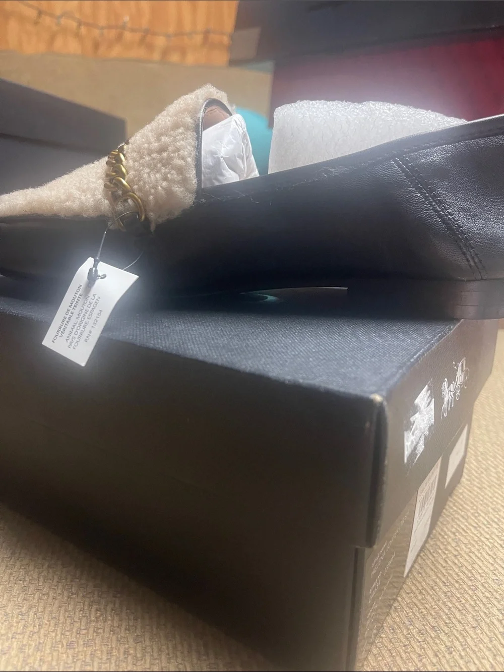 Coach Loafer   Black Leather Loafers with Cream Shearling Trim